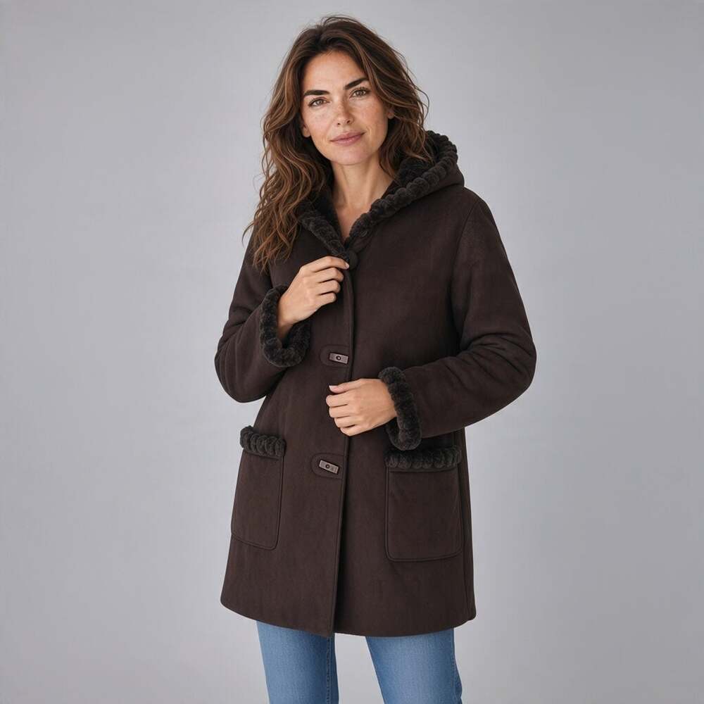 JONES NEW YORK Women's Brown Nubuck and Faux Fur Winter Coat L Penny Lane